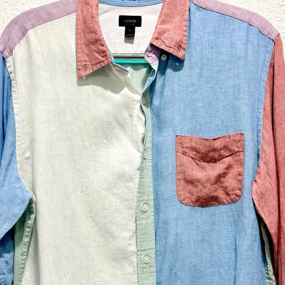 J. Crew Men’s Colorblock 100% Irish linen Button-Down‎ Shirt  L